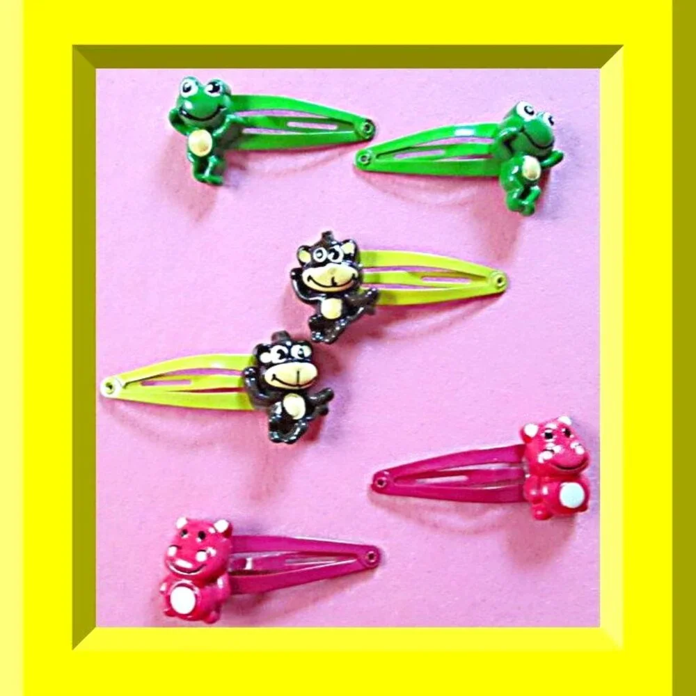 Set Of (3) Three Hair Bows Pink Hippo Green Frog & Brown Monkey Design For Girls